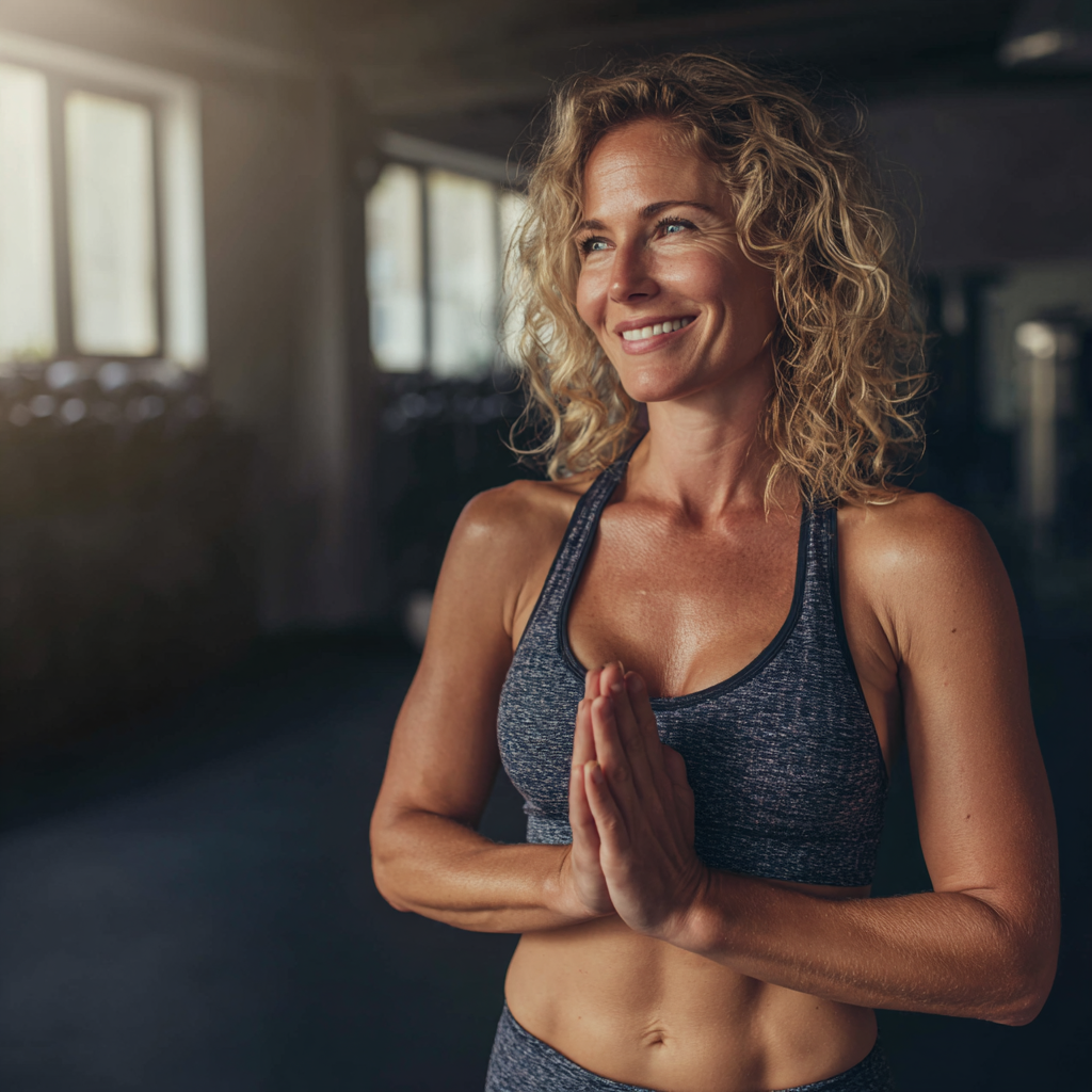 Smiling middle-aged Ukrainian woman in athletic wear doing a stretching exercise in a bright, modern fitness studio