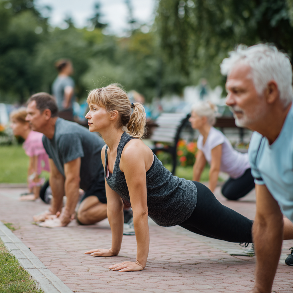 Happy Ukrainian man in his 50s using exercise equipment in a well-lit gym, displaying proper form and technique